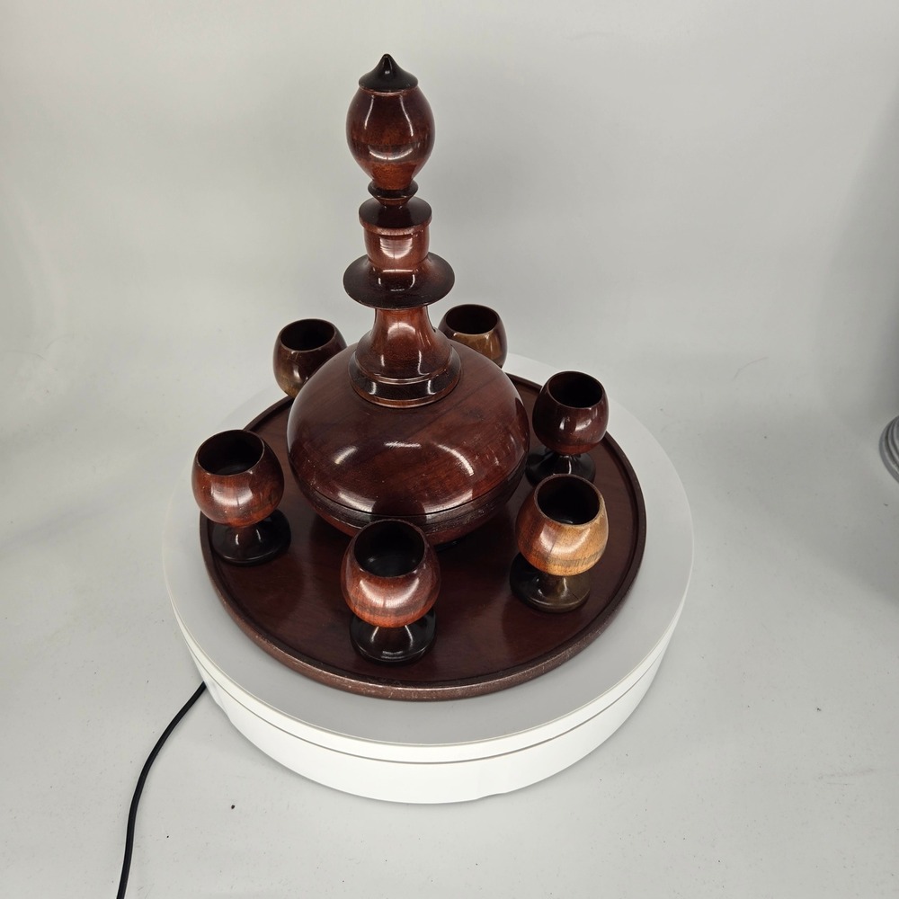 Vintage Hand Turned Wood Decanter Set with 6 Cups and Tray Mid Century Modern